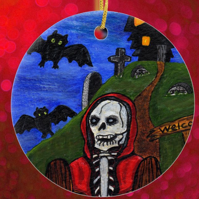 Grim Reaper Skeleton Bats Toms Black House Keramik Ornament (Skeleton Hooded red cap haunted house on hill bats cemetery on Halloween hanging ornament.)