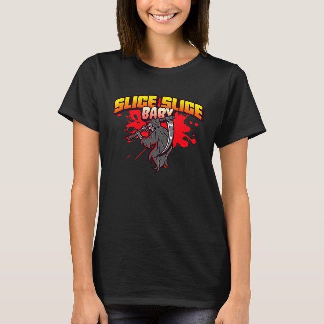 Grim Reaper Slice Baby Angel of Death Bloody Pizza T-Shirt (Vorderseite)