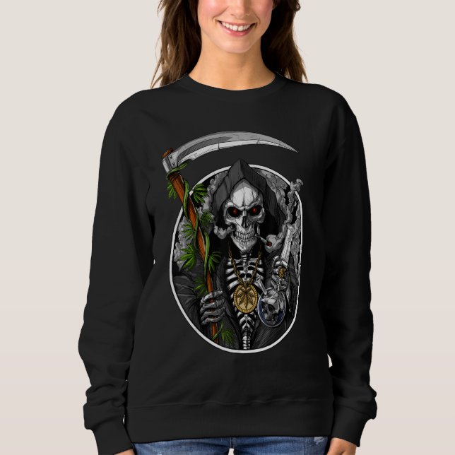 Grim Reaper Smoking Weed Smoking Skull Skeleton Sweatshirt (Vorderseite)