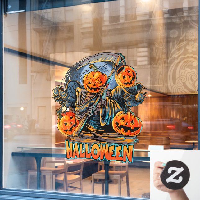 Grim Sensenmann Halloween Pumpkin Head Fensteraufkleber (Café-Fenster)