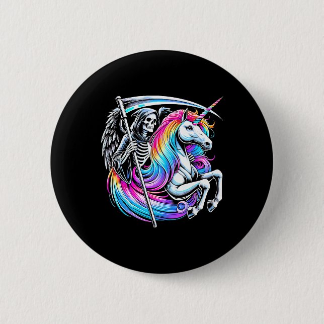 Grim Sensenmann Riding Unicorn Funny Gothic Pastel Button (Vorderseite)