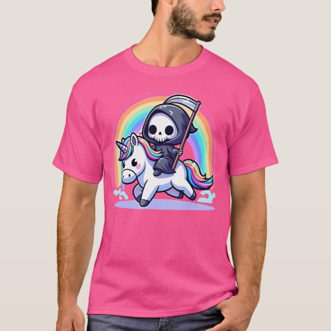 Grim Sensenmann Riding Unicorn Funny Rainbow Heavy T-Shirt (Vorderseite)