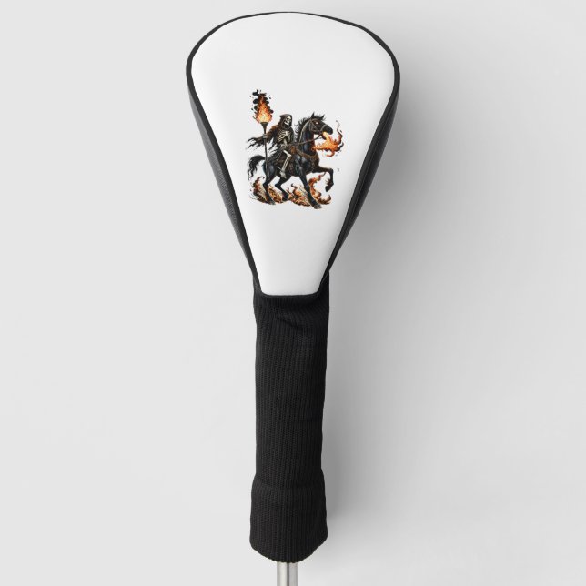Grim Sensenmann Skeleton Reiten Reiten Flammen Golf Headcover (Vorderseite)