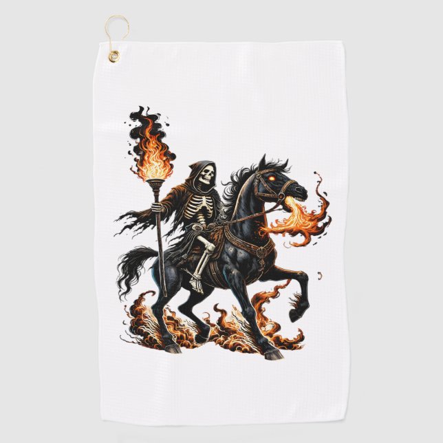 Grim Sensenmann Skeleton Reiten Reiten Flammen Golfhandtuch (Vorderseite)