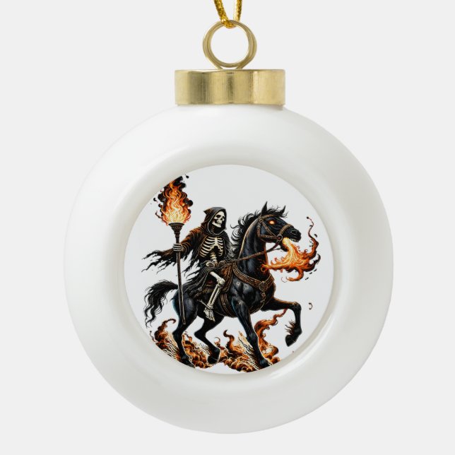Grim Sensenmann Skeleton Reiten Reiten Flammen Keramik Kugel-Ornament (Vorderseite)