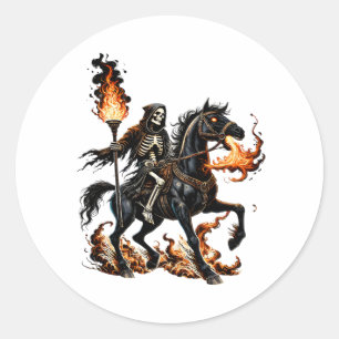 Grim Sensenmann Skeleton Reiten Reiten Flammen Runder Aufkleber