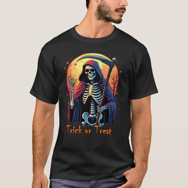 Grim Sensenmann Trick oder Treat Halloween T-Shirt (Vorderseite)