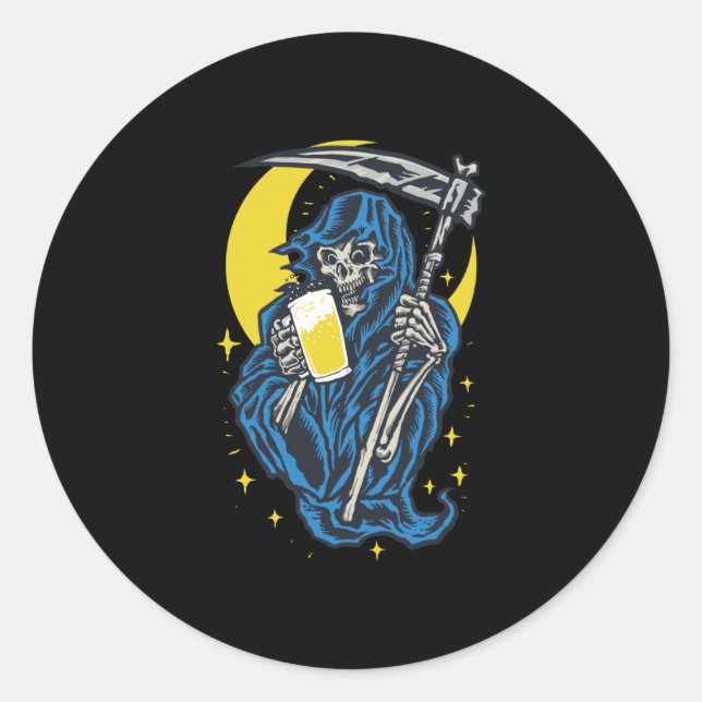 Grimischer Sensenmann trinken Bier Runder Aufkleber (Vorderseite)