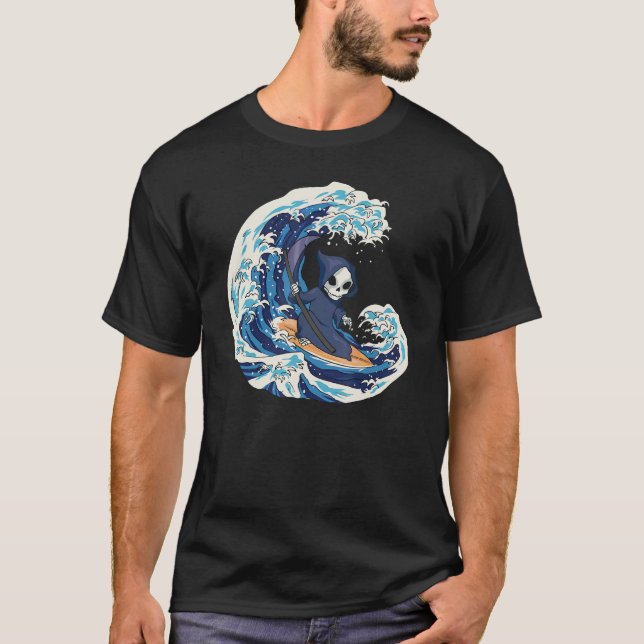 Grimmige Sensenmann Surfing T-Shirt (Vorderseite)