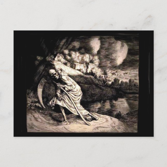 Grimmiger Sensenmann auf schwarzer Postkarte (Vorderseite)
