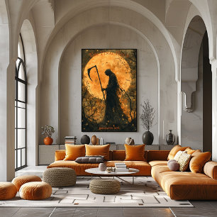 Grimmiger Sensenmann Halloween mit Vollmond und Sc Poster