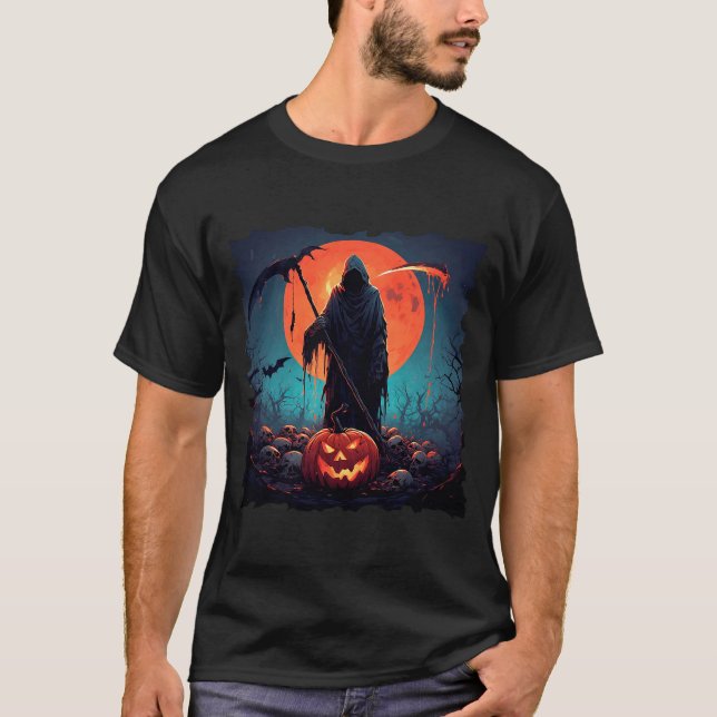 Grimmiger Sensenmann mit Halloween Pumpkin und Vol T-Shirt (Vorderseite)