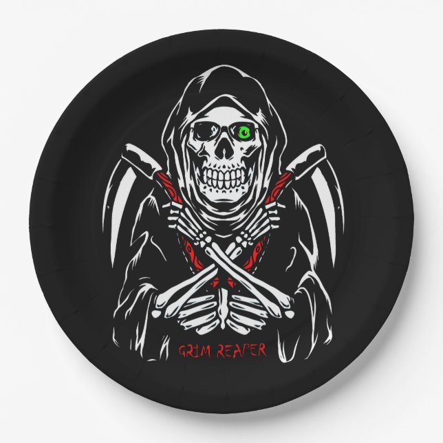 Grimmiger Sensenmann Scythe Death Skelettknochen H Pappteller (Vorderseite)