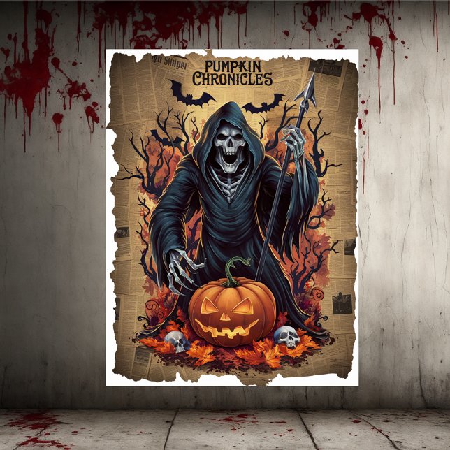 Grimmiger Sensenmann Vintage Zeitung Halloween Poster (Von Creator hochgeladen)