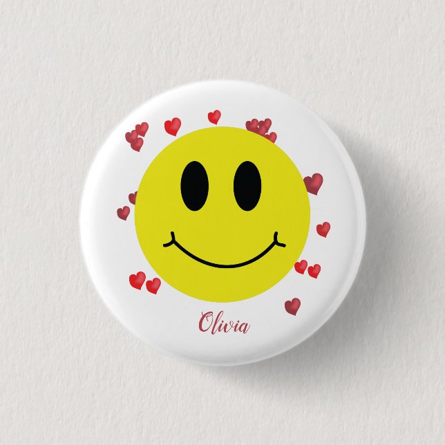 Grin Face mit Red Hearts Personalisiert Button (Vorderseite)