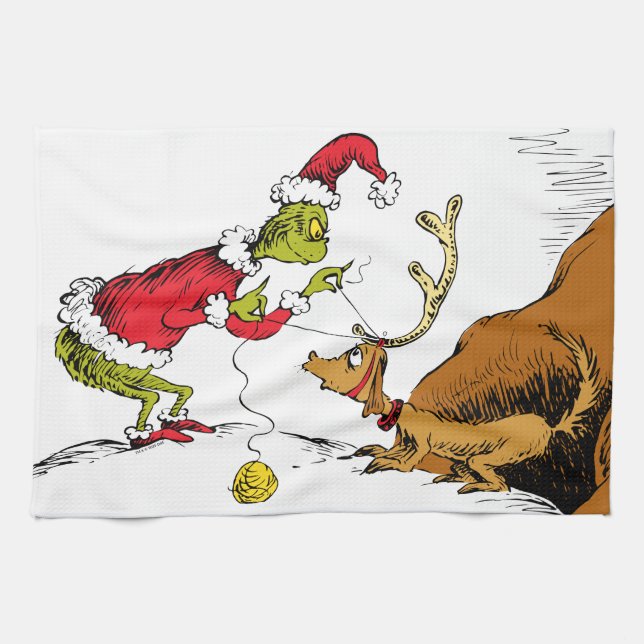 Grinch bereitet Max den Rentier vor Geschirrtuch (Horizontal)