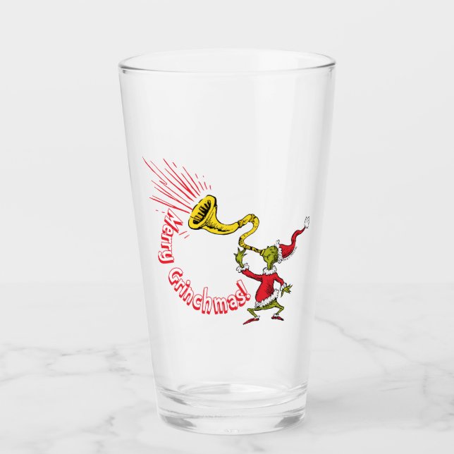 Grinch bläst das fröhliche Grinchmas-Horn Glas (Vorderseite)