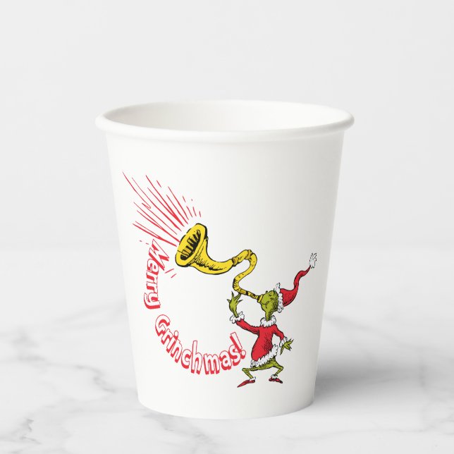 Grinch bläst das fröhliche Grinchmas-Horn Pappbecher (Vorderseite)