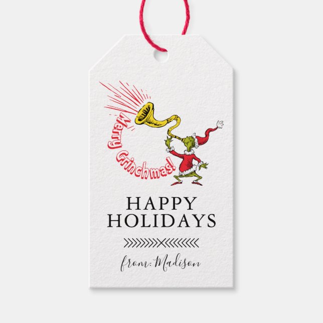 Grinch bläst das lustige Grinchmas-Horn Geschenkanhänger (Vorderseite)