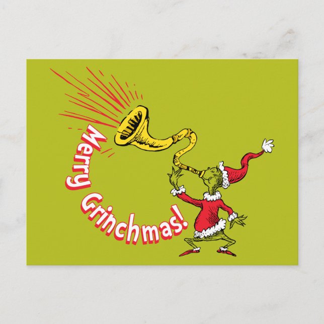 Grinch bläst das lustige Grinchmas-Horn Postkarte (Vorderseite)
