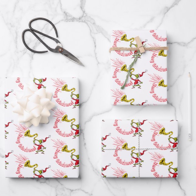 Grinch Blowing the Merry Grinchmas Horn Geschenkpapier Set (Vorderseite)