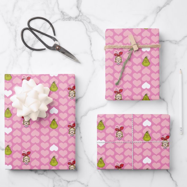 Grinch & Cindy-Lou Rosa Herz Muster Geschenkpapier Set (Vorderseite)