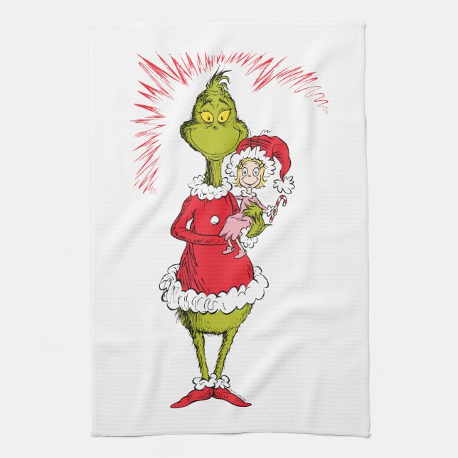 Grinch hält Cindy Lou Who Geschirrtuch (Vertikal)