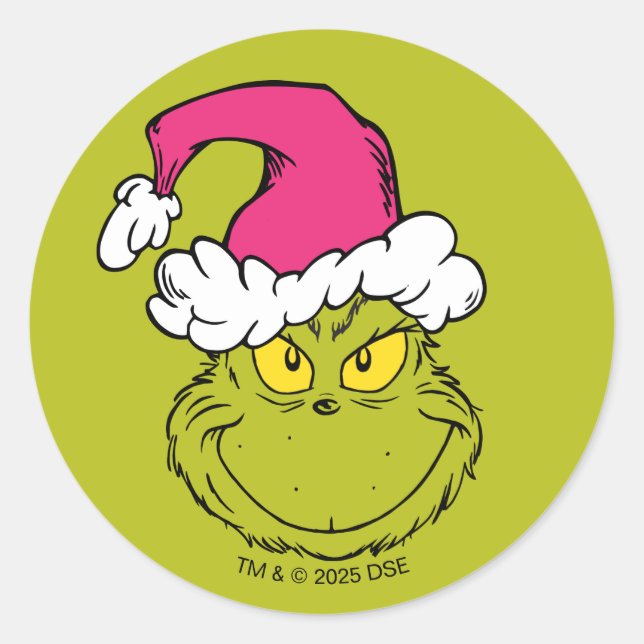 Grinch in Pink Santa Hat Runder Aufkleber (Vorderseite)