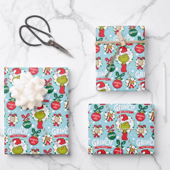 Grinch Merry Grinchmas blaues Muster Geschenkpapier Set (Vorderseite)