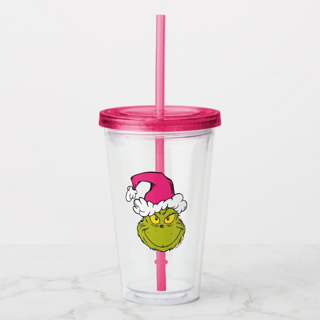 Grinch mit rosa Santa-Hut Acryltrinkbecher (Vorderseite)