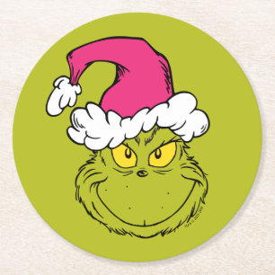 Grinch mit rosa Santa-Hut Runder Pappuntersetzer