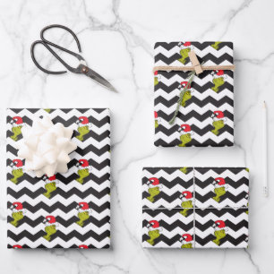 Grinch   Schwarz-Weiß-Feiertags-Chevron-Muster Geschenkpapier Set