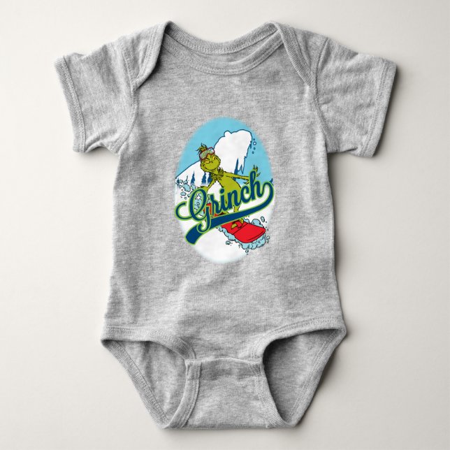 Grinch Snowboarding Baby Strampler (Vorderseite)