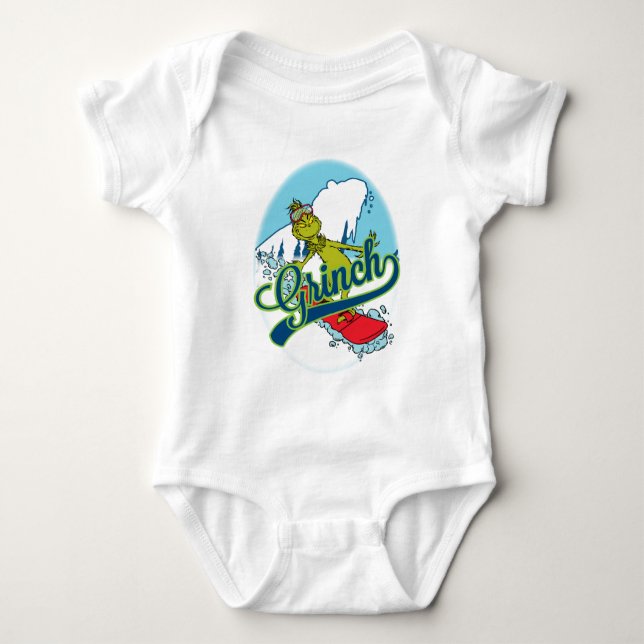 Grinch Snowboarding Baby Strampler (Vorderseite)