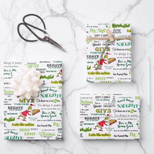 Grinch Zitatmuster Geschenkpapier Set (Vorderseite)