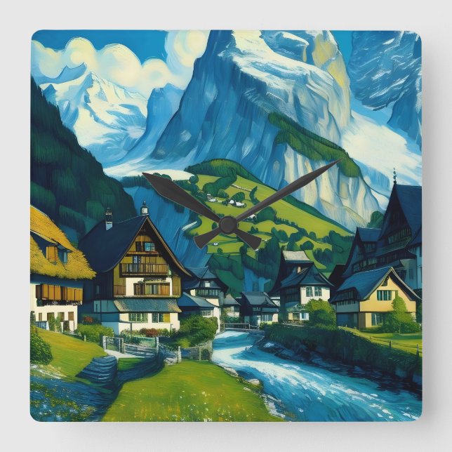 Grindelwald Schweiz Art Quadratische Wanduhr (Vorderseite)