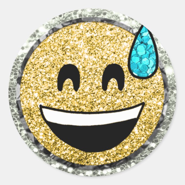 *~* Grinning Face Sweat Emoji AP40 Gold Glitzer C Runder Aufkleber (Vorderseite)