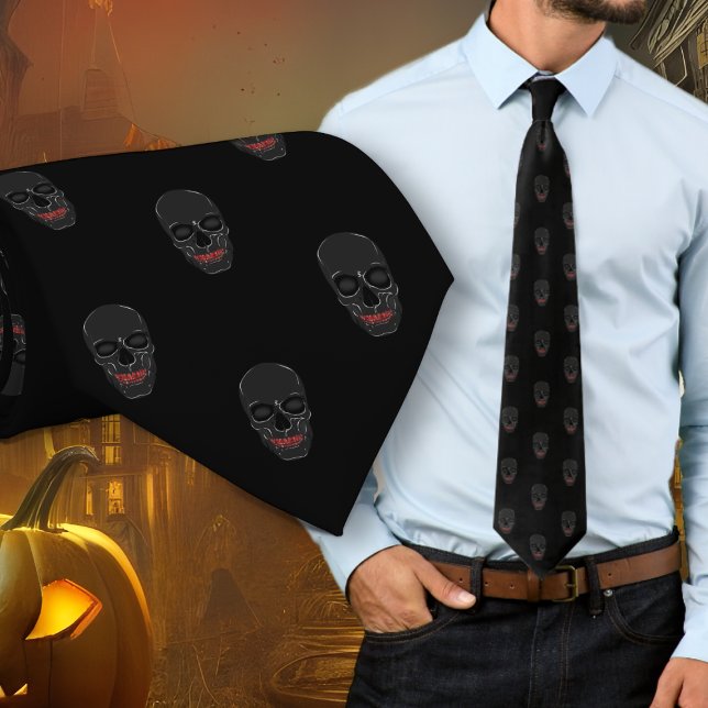 Grinsende Totenkopf-Muster Schwarze Halloween-Kraw Krawatte (Von Creator hochgeladen)