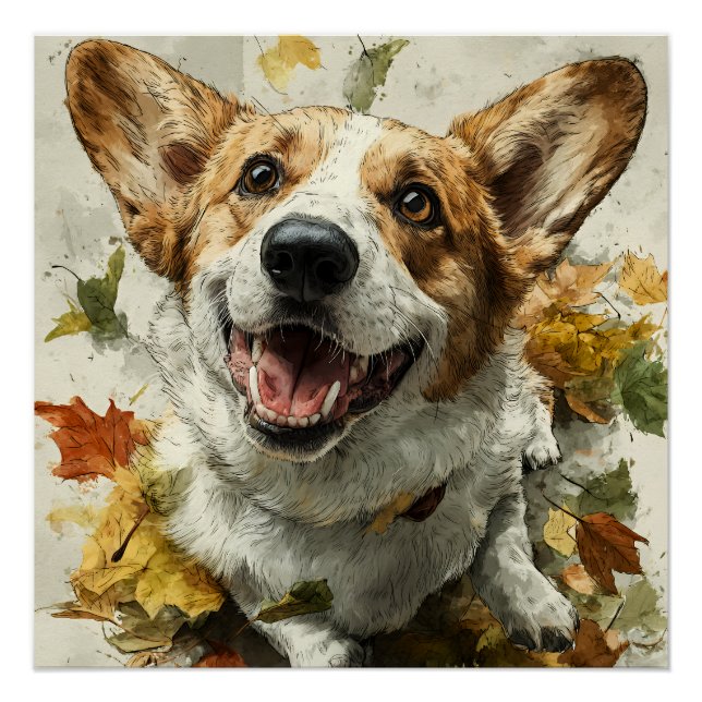 Grinsender Corgi Herbstfreude Poster (Vorderseite)