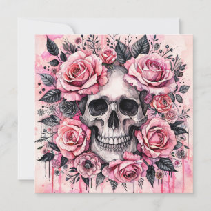 Grinsender Totenschädel und rosa Rosen Gothic Einladung
