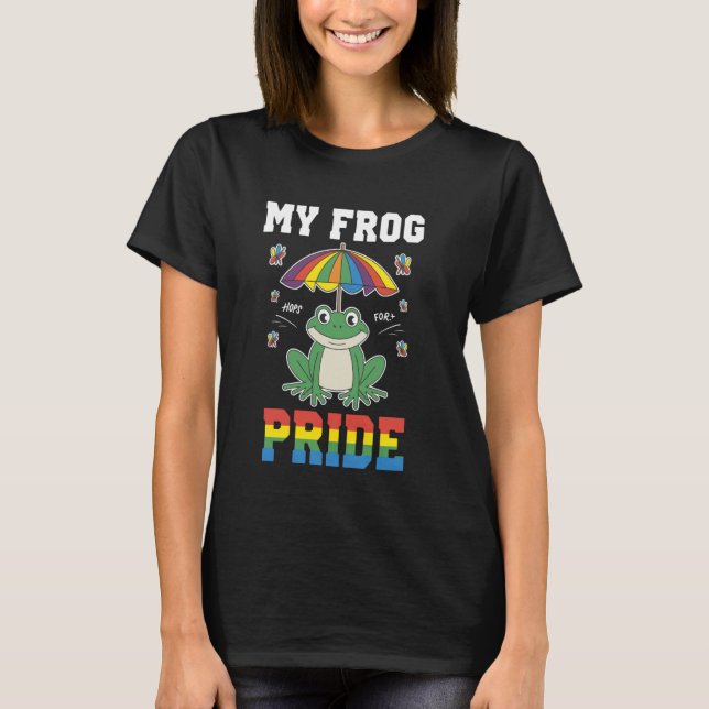Grinsfrosch unter Regenbogenschirm T-Shirt (Vorderseite)