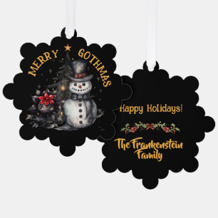 Griseler Schneemann und Weihnachtsbaum im gotische Ornament Karte