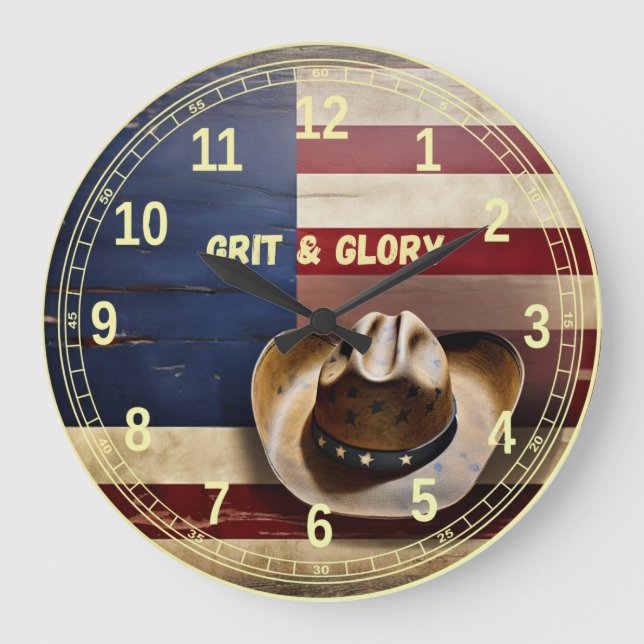 Grit & Glory Cowboy Hat USA Flag Wall Clock Große Wanduhr (Vorderseite)