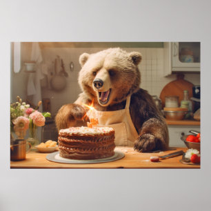 Grizzly Bär Animal Fun Cooking Cake Happy Time Poster