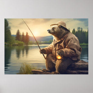 Grizzly Bär Animal Fun Lake Fishing Happy Time Poster
