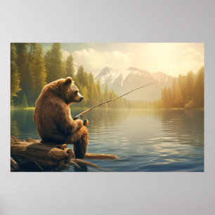 Grizzly Bär Animal Fun Lake Fishing Happy Time Poster