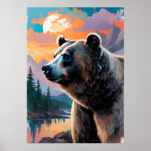 Grizzly-Bär-Berg-Sonnenuntergang-Aquarell-Kunst-Dr Poster