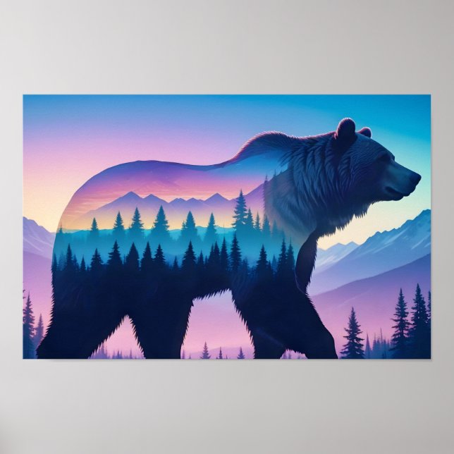Grizzly Bär Double Exposure Tierart im Freien Poster (Vorne)