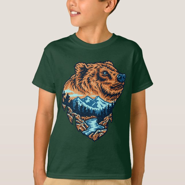 Grizzly Bär Head Silhouette Mountain Forest River T-Shirt (Vorderseite)