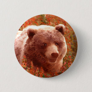 Grizzly Bären Cub in Fireweed Painting Wildlife Ar Button